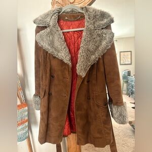 70s vintage jacket Brown Suede Coat with Faux Fur Trim